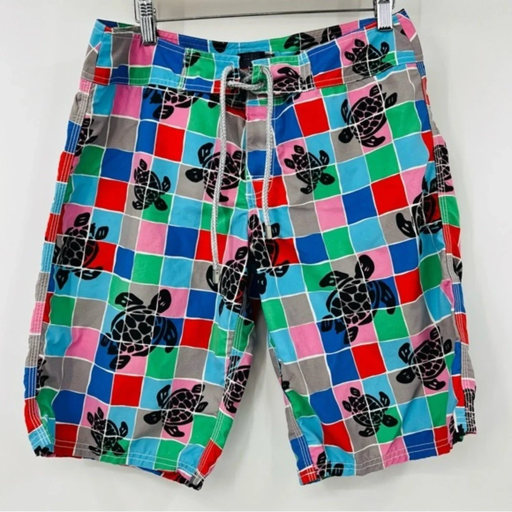 Vilebrequin Mens Swim Trunks Blue Green Sea Turtle‎ Shorts W/Drawstring Size Sm